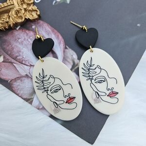 Polymer Clay Heart Shape Beige and Black Earrings